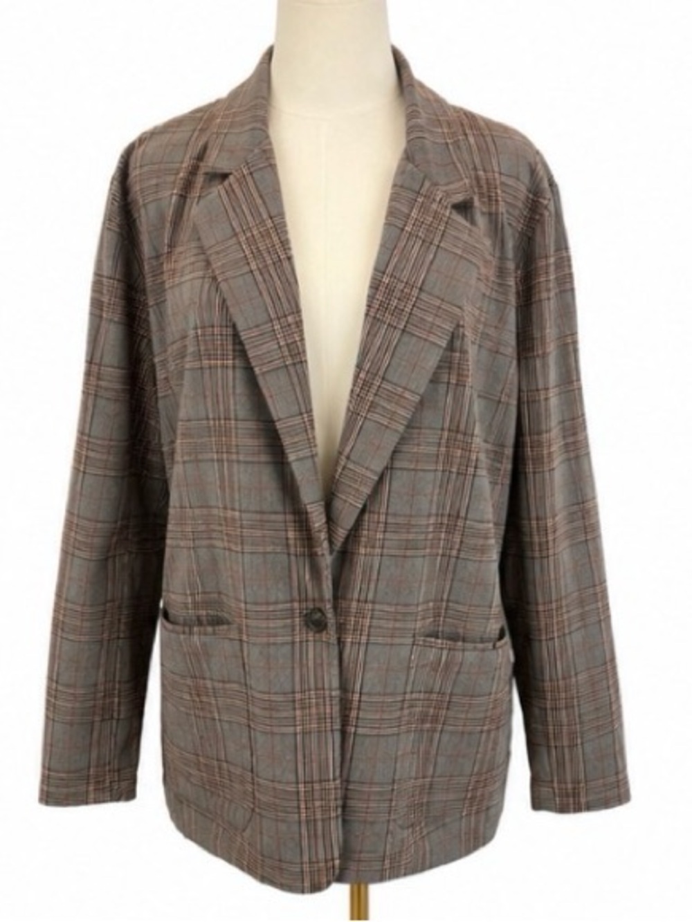 POL Gray Glen Plaid Blazer Jacket Small Open Front Single Button Stretch